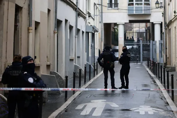 French police secure the area after a bomb threat at the headquarters of France's hard-left party La France Insoumise (France Unbowed - LFI) and its evacuation in Paris, France, February 18, 2026. REUTERS/Sarah Meyssonnier