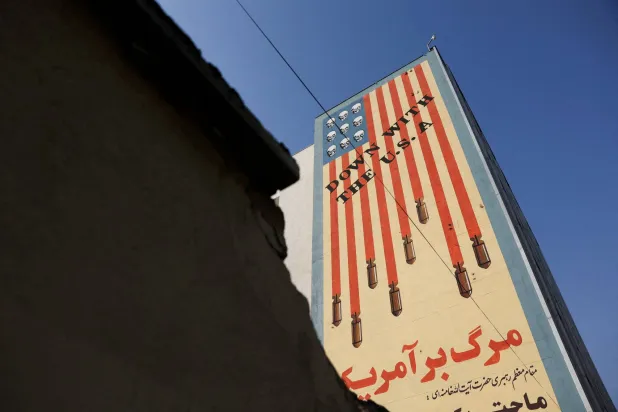 An anti-US mural on a building in Tehran, Iran, January 24, 2026. Majid Asgaripour/WANA (West Asia News Agency) via Reuters