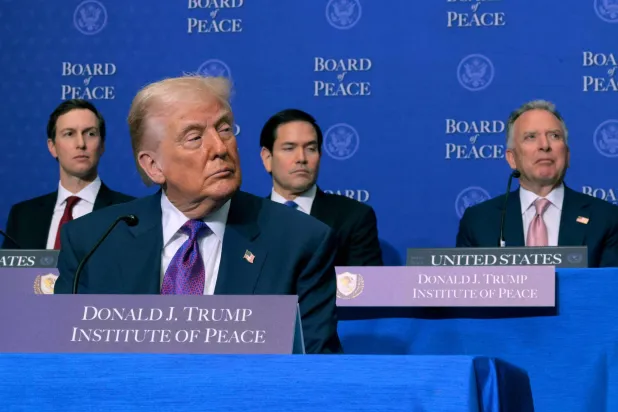 Jared Kushner, US President Donald Trump, US Secretary of State Marco Rubio, and Special Envoy to the Middle East Steve Witkoff attend the inaugural meeting of the Board of Peace at the Donald J. Trump Institute of Peace on February 19, 2026 in Washington, DC. (Getty Images/AFP) 