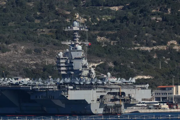 Aircraft are on the deck of the USS Gerald R. Ford aircraft carrier at Souda Bay on the island of Crete, Greece, February 24, 2026. (Reuters) 