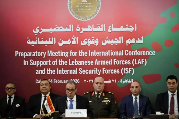 Egyptian Foreign Minister Badr Abdelatty (3rd L) speaks before representatives of participating countries during the preparatory meeting for the international conference in support of the Lebanese Armed Forces (LAF) and the Internal Security Forces (ISF) in Cairo on February 24, 2026. (AFP) 
