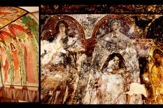 تفصيل من جدارية تزي_ن ركن العرش في قصير عمرة مع رسم توثيقي حديث لهذه الجدارية