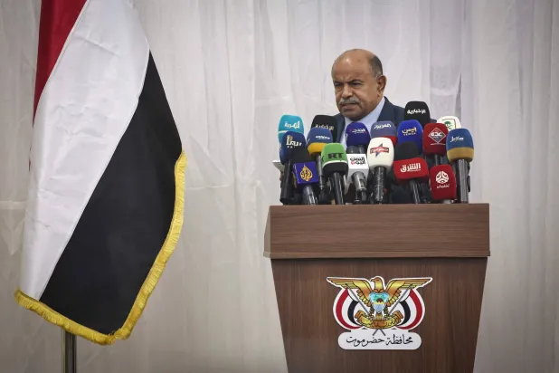 Governor of Hadramout, Salim Al-Khanbashi delivers a press conference in the city of Mukalla in Yemen's coastal southern Hadramout province on January 19, 2026. (Photo by FADEL SENNA / AFP)