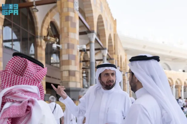 Saudi Minister of Hajj and Umrah and Board Chairman of the General Authority for the Care of the Affairs of the Two Holy Mosques Tawfig Al-Rabiah during the inspection tour on Monday. (SPA)