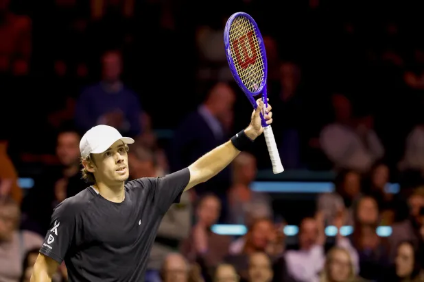 Alex de Minaur of Australia reacts against Botic van de Zandschulp of the Netherlands during their semi-final men's singles match at the Rotterdam Open tennis tournament at Ahoy Rotterdam arena in Rotterdam, The Netherlands, 13 February 2026. (EPA) 