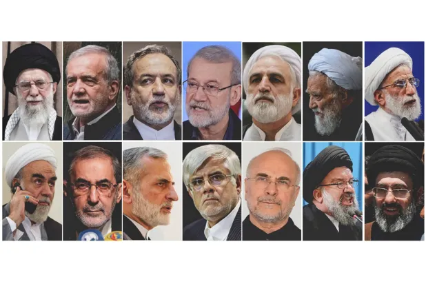 This combo of file photos show Iran's key political and religious figures, top row, from left, Supreme Leader Ali Khamenei, President Masoud Pezeshkian, Foreign Minister Abbas Araghchi, Khamenei Adviser on Public Policy Ali Larijani, Chief Justice Gholam Hossein Mohseni Ejehi, Head of Assembly Experts Mohammad-Ali Movahedi Kermani and Secretary of Guardian Council Ahmad Jannati, bottom row, from left, Khamenei's Chief of Staff Mohammad Golpayegani, Khamenei Adviser on International Affairs Ali Akbar Velayati, Khamenei Adviser on Foreign Policy Kamal Kharazi, First Vice President Mohammad Reza Aref, Parliament Speaker Mohammad Bagher Ghalibaf, Tehran Friday Prayer Imam Ahmad Khatami and Son of Supreme Leader Mojtaba Khamenei. (AP Photo/File) 