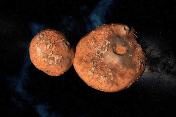 كتلتان تلامستا برفق قبل بلايين السنوات ولا تزالان متعانقتين (شاترستوك)