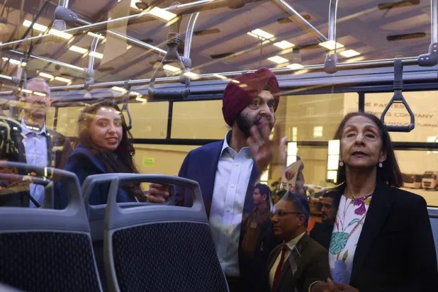 World Bank President Ajay Banga visits the Geyushi bus manufacturing factory to review projects funded by the lender and assess how economic reforms are translating into job creation, in the 10th of Ramadan suburb of Cairo, Egypt, March 3, 2026. (Reuters)