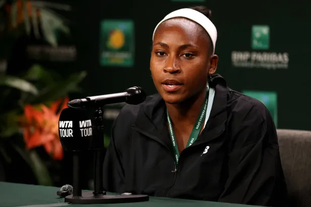 INDIAN WELLS, CALIFORNIA - MARCH 03: Coco Gauff of the United States fields questions on media day during the BNP Paribas Open at the Indian Wells Tennis Garden on March 03, 2026 in Indian Wells, California. Matthew Stockman/Getty Images/AFP