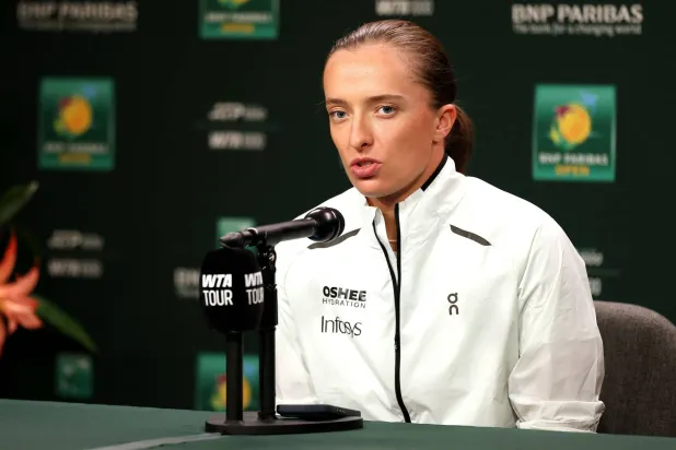 Iga Swiatek of Poland fields questions on media day during the BNP Paribas Open at the Indian Wells Tennis Garden on March 03, 2026 in Indian Wells, California. (Getty Images/AFP) 
