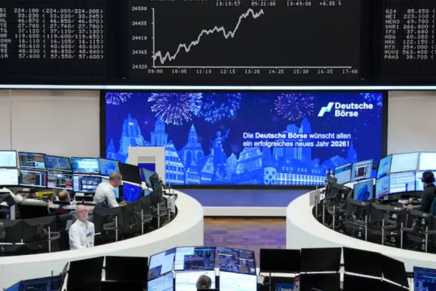 German share price index DAX graph is pictured at the stock exchange in Frankfurt, Germany, December 30, 2025. REUTERS/staff 