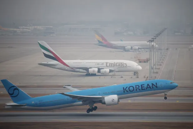 An Emirates Airbus A380 aircraft that has remained parked at the airport after the flight was cancelled, amid the U.S.-Israel conflict with Iran, at Incheon International Airport in Incheon, South Korea, March 5, 2026. REUTERS/Kim Hong-Ji 