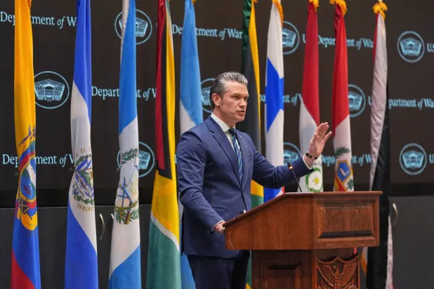 Defense Secretary Pete Hegseth speaks at the inaugural Americas Counter Cartel Conference at US Southern Command in Doral, Fla., Thursday, March 5, 2026. (AP Photo/Rebecca Blackwell)