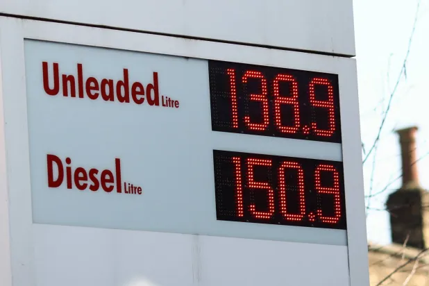 Petrol prices are displayed at a filling station, as the price of oil and gas has surged amid the conflict in the Middle East, in London, Britain, March 5, 2026 REUTERS/Jack Taylor
