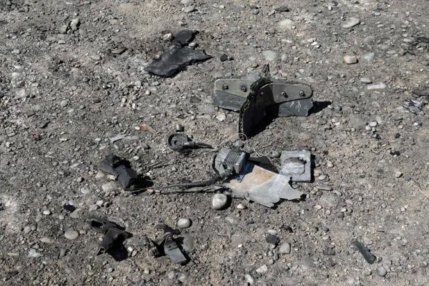 A photograph shows the remains of a drone that was reportedly aimed at Erbil International Airport and crashed outside Erbil, the capital of the semiautonomous Kurdish region of northern Iraq, on March 3, 2026. (AFP)