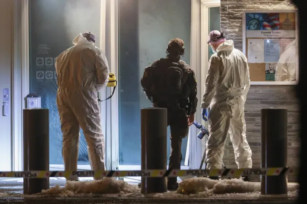 Police investigate at the site of incident at the US embassy in Oslo, Norway, 08 March 2026, after a loud bang was reported at the site. EPA/HANS O. TORGERSEN