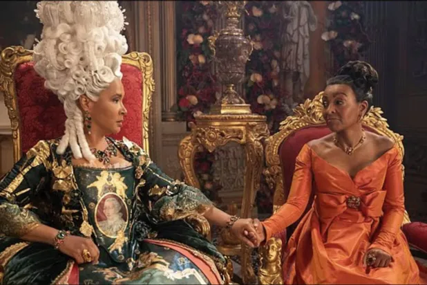 Golda Rosheuvel as Queen Charlotte and Adjoa Andoh as Lady Danbury. (Netflix) 