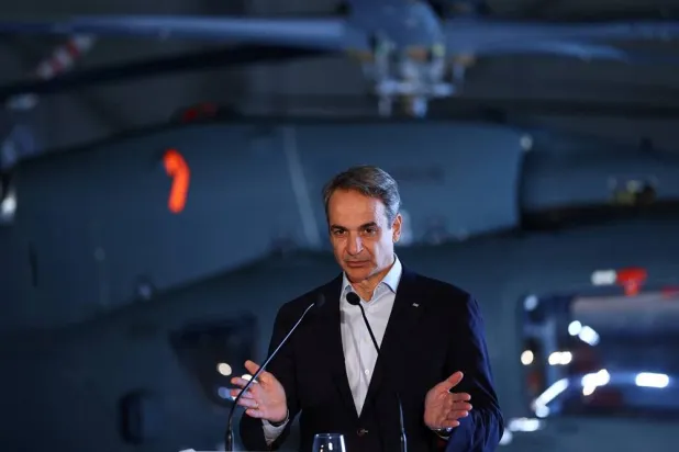 Greek Prime Minister Kyriakos Mitsotakis speaks during a joint press conference with Cyprus' and France's presidents at Paphos military airport, in Paphos, Cyprus, 09 March 2026, (EPA)