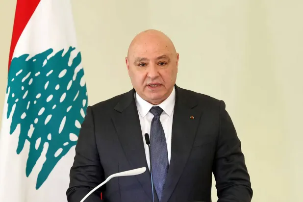 This handout photograph released by the Lebanese Presidency Press Office shows Lebanon's President Joseph Aoun giving a joint-press conference with Germany's president at the Presidential Palace in Baabda, east of Beirut, on February 16, 2026. (Lebanese Presidency Press Office / AFP) 