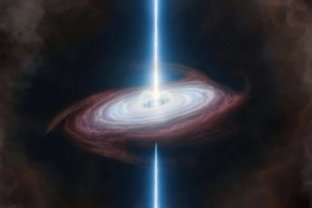 تصور فني لنجم مغناطيسي محاط بانبعاثات عالية السرعة من الجسيمات المشحونة على طول محور دورانه (مرصد لاس كومبريس)