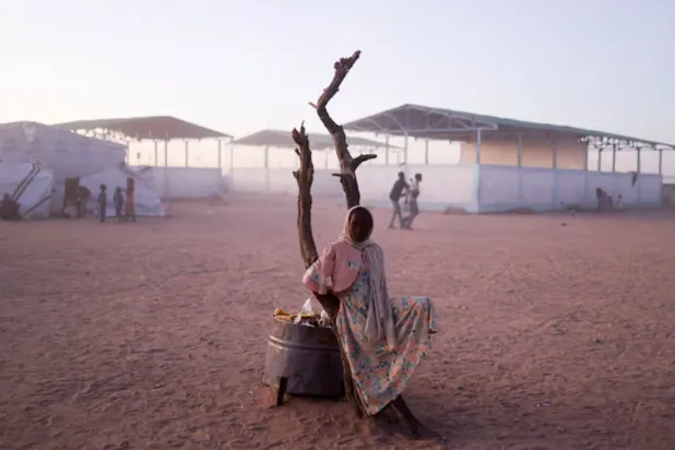 A Sudanese refugee girl from al-Fashir rests next to a burnt tree in the middle of the Tine transit camp, amid the conflict between the paramilitary Rapid Support Forces (RSF) and the Sudanese army, in eastern Chad, November 23, 2025. REUTERS/Amr Abdallah Dalsh/File Photo 