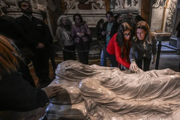 Giuseppe Sanmartino's sculpture of the Veiled Christ housed in the Sansevero Chapel in Naples, Italy, 10 March 2026. EPA/CIRO FUSCO