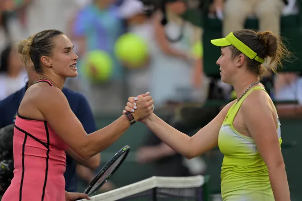 Mar 13, 2026; Indian Wells, CA, USA; Aryna Sabalenka (BEL) shakes hands with Linda Noskova (CZE) after winning her the semi final match during the BNP Paribas Open at the Indian Wells Tennis Garden. Mandatory Credit: Jayne Kamin-Oncea-Imagn Images