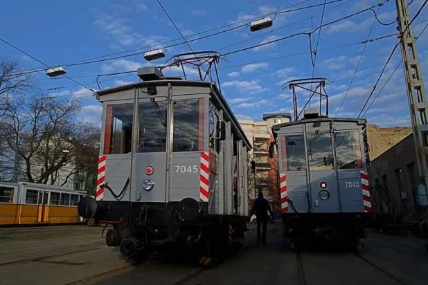  Two century-old freight trams are parked in the Kelenfold tram depot in Budapest, Hungary on Thursday, March 12, 2026. (AP) 