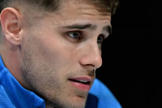 Tottenham Hotspur defender Micky van de Ven attends a press conference in London, Great Britain, 17 March 2026. Tottenham Hotspur will face Atletico Madrid on 18 March 2026 in the UEFA Champions League Round of 16 2nd leg match in London. (EPA)