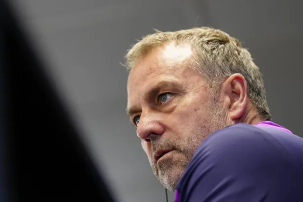 FC Barcelona's head coach Hansi Flick attends a press conference following the training of the team held at Joan Gamper Sports Complex in Barcelona, Spain, 17 March 2026. (EPA)