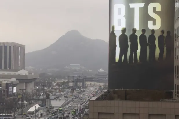 A view of the main stage for a free concert by K-pop group BTS at Gwanghwamun Square in Seoul, South Korea, 18 March 2026. (EPA)