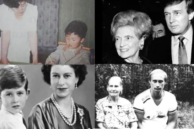 دونالد ترمب، كيم جونغ أون، فلاديمير بوتين والملك تشارلز مع أمهاتهم (يوتيوب/ الكرملين/ أ.ف.ب)