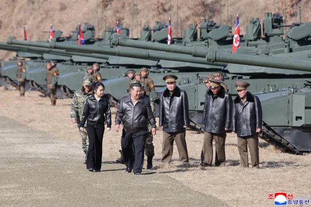 A photo released by the official Korean Central News Agency (KCNA) shows shows North Korean leader Kim Jong Un (2-L) and his daughter Kim Ju Ae (L) visiting the Pyongyang Training Base No. 60 of the Capital City Defense Corps of the North Korean Army in North Korea, 19 March 2026 (issued 20 March 2026). EPA/KCNA 