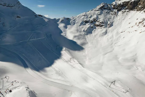 An aerial view taken with a drone shows the Schneefernerkopf ski lift prior to its demolition at the Zugspitze ski resort near Garmisch-Partenkirchen, Germany on March 20, 2026. (Photo by Philipp Guelland / AFP)