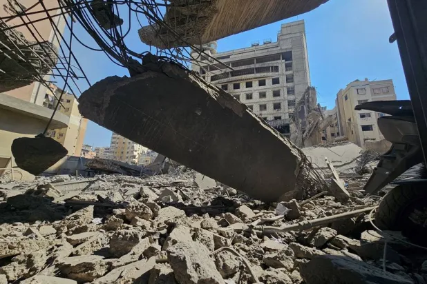 Debris cover the site of Hezbollah's Al-Manar TV headquarters after it was hit in an Israeli airstrike on Dahieh, a southern suburb of Beirut, Lebanon, Tuesday, March 3, 2026. (AP)