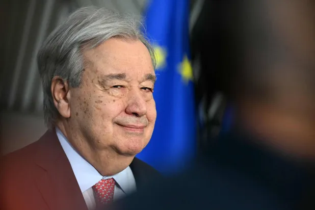 UN Secretary General Antonio Guterres looks on after a family picture during the EU Summit at the EU headquarters in Brussels, on March 19, 2026. (AFP)