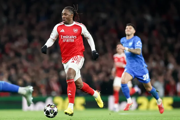 Eberechi Eze of Arsenal in action during the UEFA Champions League Round of 16 2nd leg match between Arsenal and Bayer 04 Leverkusen in London, Great Britain, 17 March 2026.  EPA/NEIL HALL