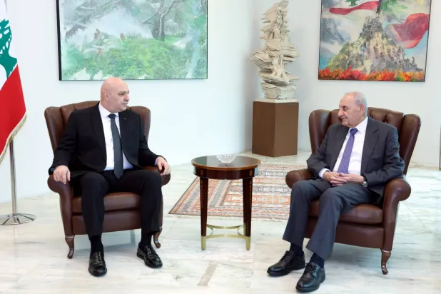 President Joseph Aoun meets with parliament Speaker Nabih Berri at the Baabda presidential palace. (Lebanese Presidency)