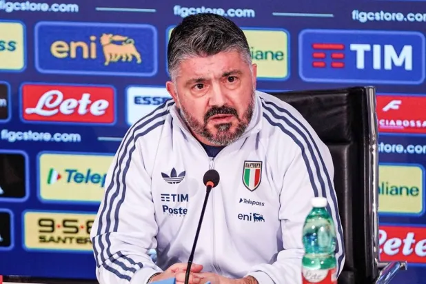  Italy's head coach Gennaro Gattuso gestures during the Italian team press conference in Florence, Italy, Monday, March 23, 2026. (Lapresse via AP) 