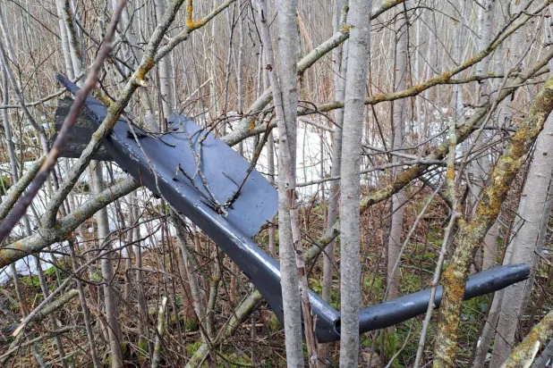 جزء من طائرة أوكرانية مسيّرة سقطت في منطقة كراسلافاس في لاتفيا 25 مارس 2026 (رويترز)
