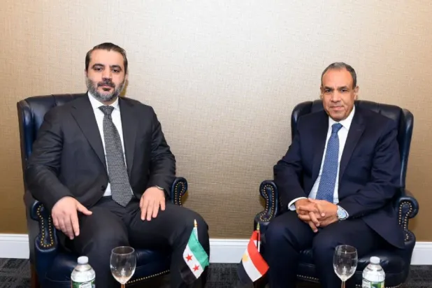 Egyptian Foreign Minister Badr Abdelatty with his Syrian counterpart Asaad al-Shaibani during a meeting in New York last September. (Egyptian Foreign Ministry) 