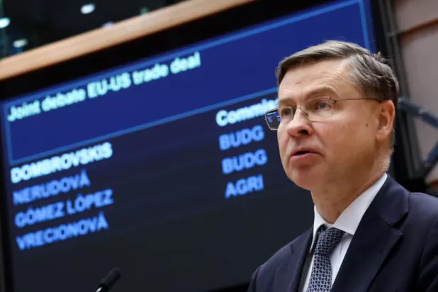 European Commissioner for Economy and Productivity Valdis Dombrovskis speaks, on the day of the joint debate on the EU-US trade deal at the European Parliament in Brussels, Belgium, March 26, 2026. REUTERS/Yves Herman 