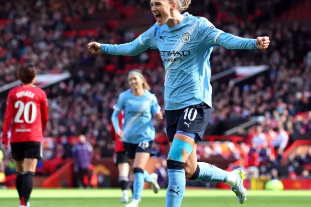 Vivianne Miedema celebrates her first goal as Manchester City dominate at Old Trafford. Photograph: Craig Brough/Action Images/Reuters
