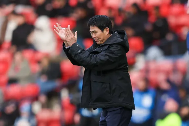 Hajime Moriyasu head coach of Japan gestures during the international friendly soccer match between Scotland and Japan in Glasgow, Britain, 28 March 2026. (EPA) 