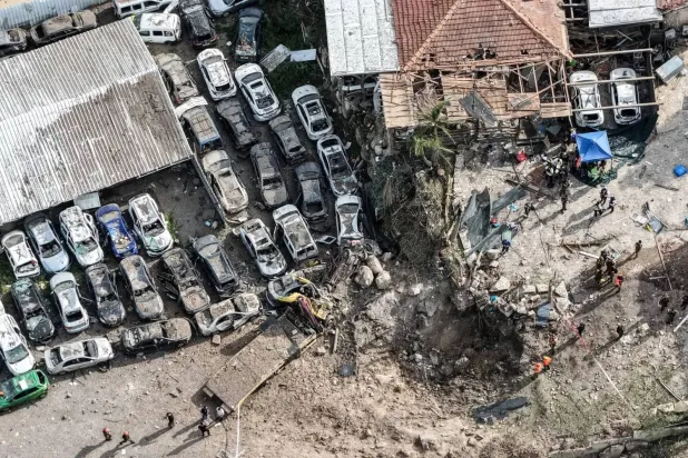 A drone view shows the impact site following Iranian missile barrages as the US-Israeli conflict with Iran continues, near Eshtaol (Reuters) 