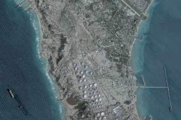 FILE PHOTO: A satellite image shows an oil terminal at Kharg Island, Iran, February 25, 2026. 2026 Planet Labs PBC/Handout via REUTERS 