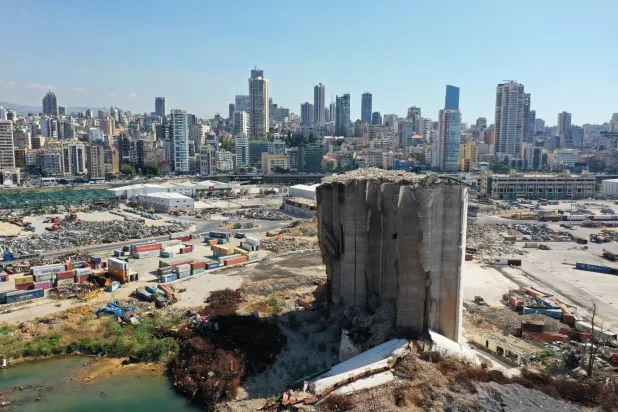 A view shows the partially collapsed grain silos, damaged in the August 4, 2020 Beirut port blast as Lebanon marks third anniversary of the explosion on Friday, in Beirut Lebanon August 2, 2023. REUTERS/Issam Abdallah 