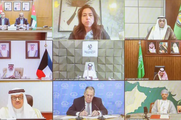 جانب من الاجتماع الوزاري الخليجي الأردني الروسي المشترك عبر الاتصال المرئي (مجلس التعاون)
