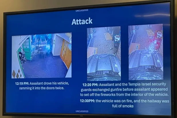 This sequence of images taken from security video at Temple Israel in West Bloomfield, Mich., and provided by the FBI, shows a pickup truck driven by Ayman Ghazali through a building door into the hallway of an early childhood education area, displayed during an FBI news conference, Thursday, March 12, 2026. (FBI via AP) 