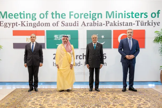 Foreign ministers of Saudi Arabia, Pakistan, Egypt and Turkey before their quadripartite meeting in Islamabad on Sunday (SPA)
